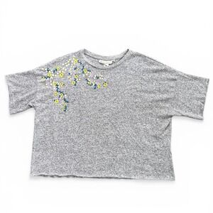 H&M LOGG Embroidered Floral Knit Top Women Medium Grey Excellent Boxy Tee